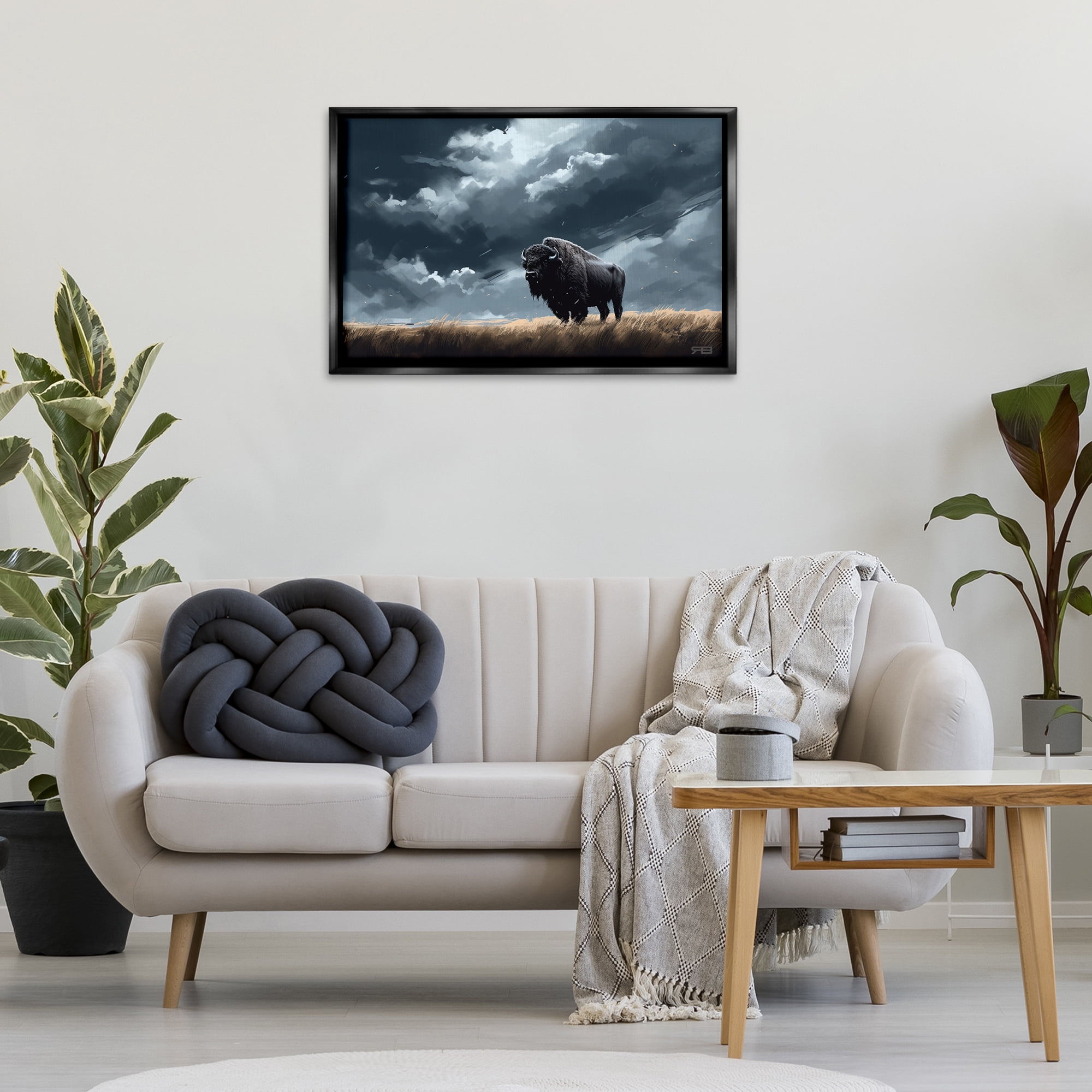 Stupell Industries Bison Silhouette with Clouds Landscape Painting Black Floater Framed Canvas Art Print Wall Art, 31 x 21