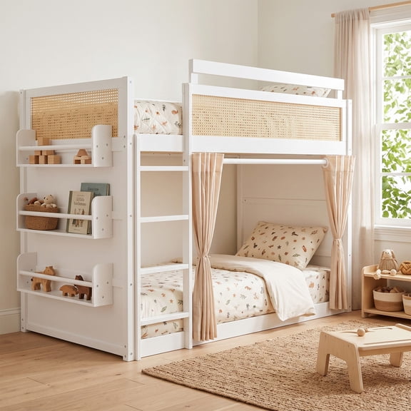 Wooden Twin over Twin Bunk Bed with Shelf, Privacy Curtains & Lights, Modern Bunk Bed Frame with Rattan Design Guardrail for Teens, Adults, Space Saving Design, White