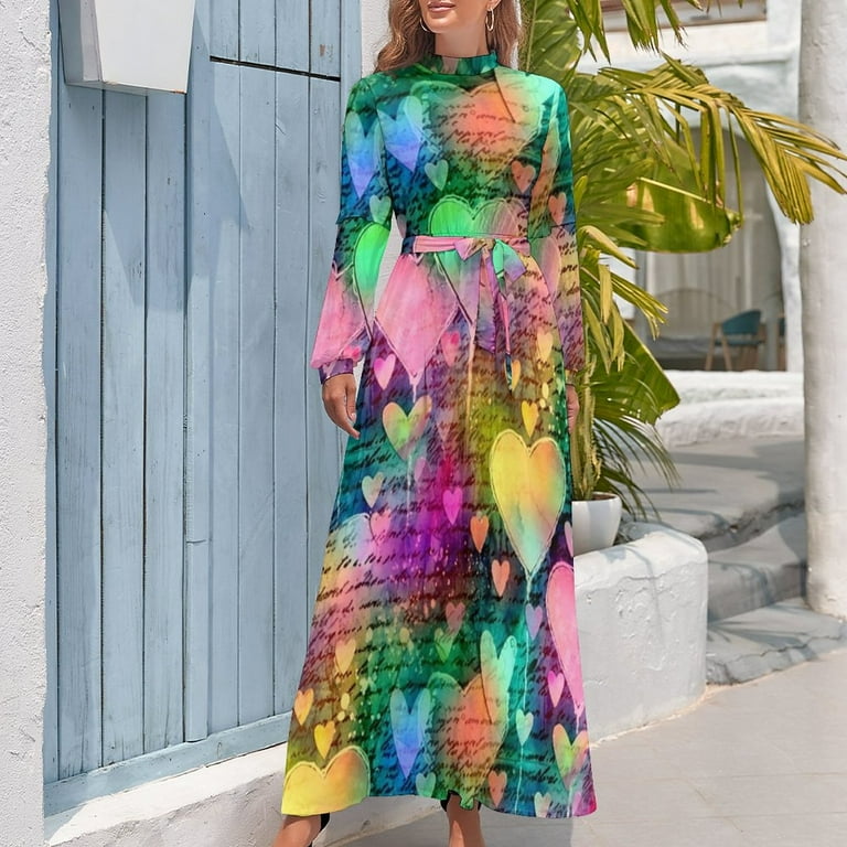 Abstract Letters Print Dress Love Heart Korean Fashion Boho Beach Dresses  Female Long-Sleeve High Waist Trendy Long Maxi Dress - Walmart.com