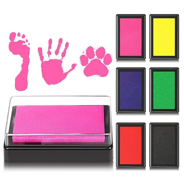 6-Pack Reusable Baby Ink Pads for Handprint & Footprint Art - Washable, Stackable Design with 6 Vibrant Colors (Red, Black, Blue, Pink, Yellow, Green) - Safe Sponge Ink for Newborns, Infants & Small