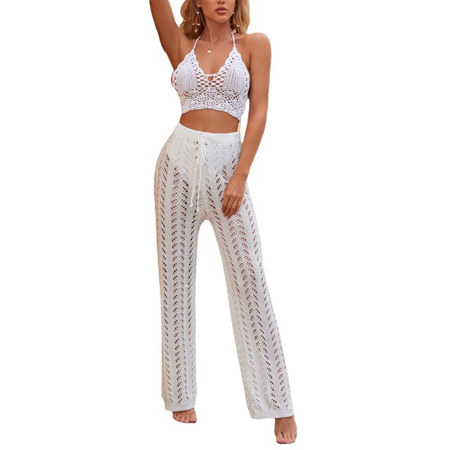 TheFound Pantalon pour Femmes à Motif Ajouré, Pantalon Uni à Taille Haute Élastique
