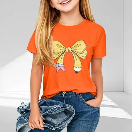 BLTIBY 2025 Girls Boys Summer Short Sleeve Top Child Kid Round Neck Bow Printed Shirts Infant Toddler Fashion Casual Loose Pullover Blouses Orange 7-8 Years