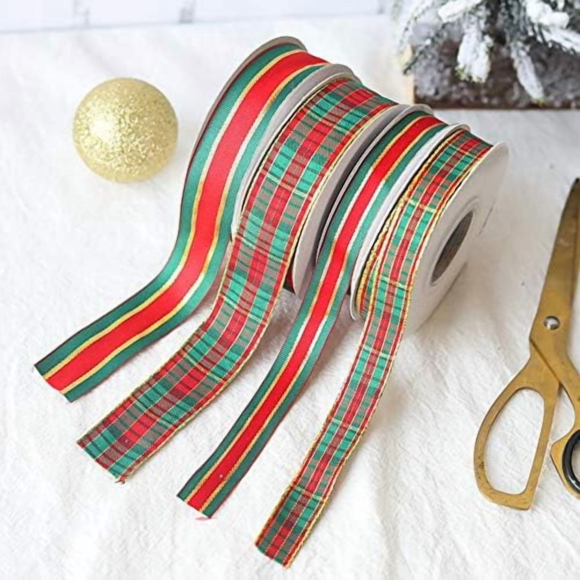 Christmas Checkered Plaid Ribbon 25 Yard Each Roll 100% Polyester Woven Edge Gingham Ribbon for Christmas Crafts, Gift Wrapping Red/Green/Gold (1 Inch(25mm))