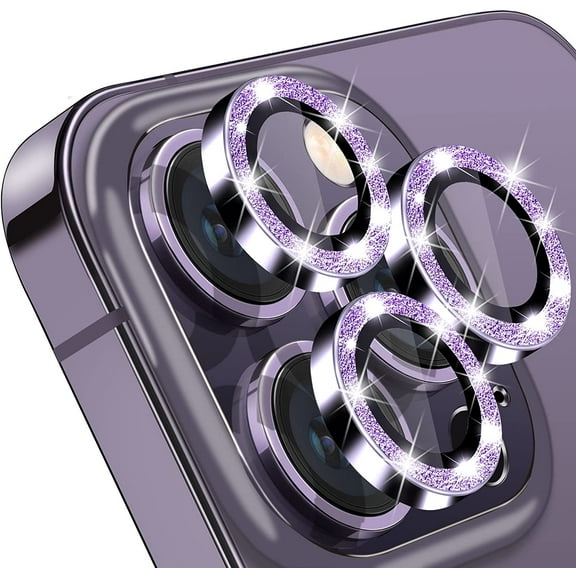 for iPhone 14 Pro & iPhone 14 Pro Max Camera Lens Protector, Bling Glitter Diamond Lens Cover 9H Tempered Glass Camera Cover Anti Scratch Shockproof Screen Protector - 3PCS Glitter Purple
