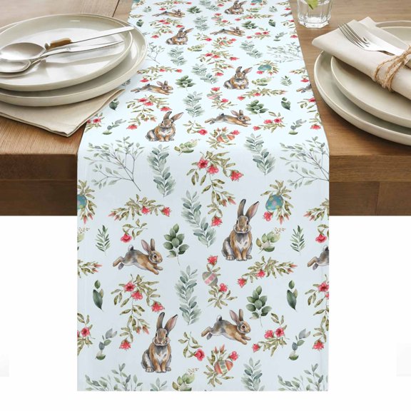 Bunny Floral Easter Table Runner - 60 Inch Long, Kitchen Dining Table Runner Dresser Scarves, Elegant Pastoral Spring Floral Rabbits Farmhouse Decor for Coffee Tables Wedding Party Banquet