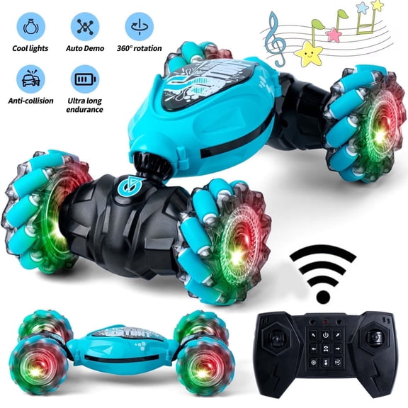 Lvelia RC Stunt Car for Kids, Remote Control Car Double-Sided Driving Drift Twist Offroad 360°Rotation with Lights Music for Birthday Boys Girls Gifts,Blue