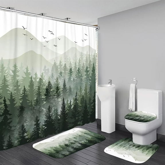 4Pcs Green Forest Shower Curtain Sets Pine Tree Bathroom Sets with Shower Curtain and Rugs Nature Woodland Bathroom Decor Accessories Shower Curtains for Bathroom Toilet Lid Cover