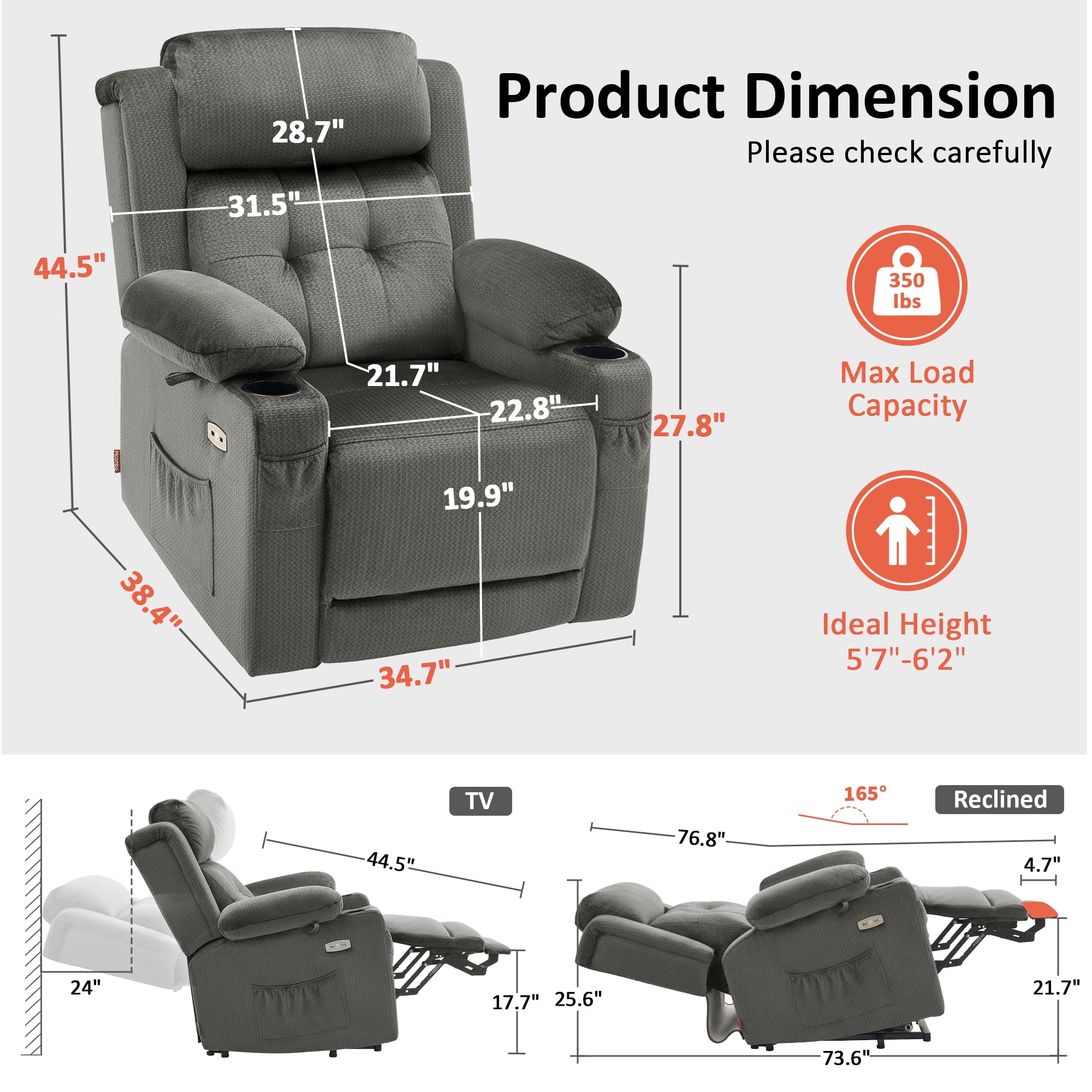 MCombo Triple Motor Power Lift Recliner for Big and Tall, Adjustable Headrest, Fabric(Grey)