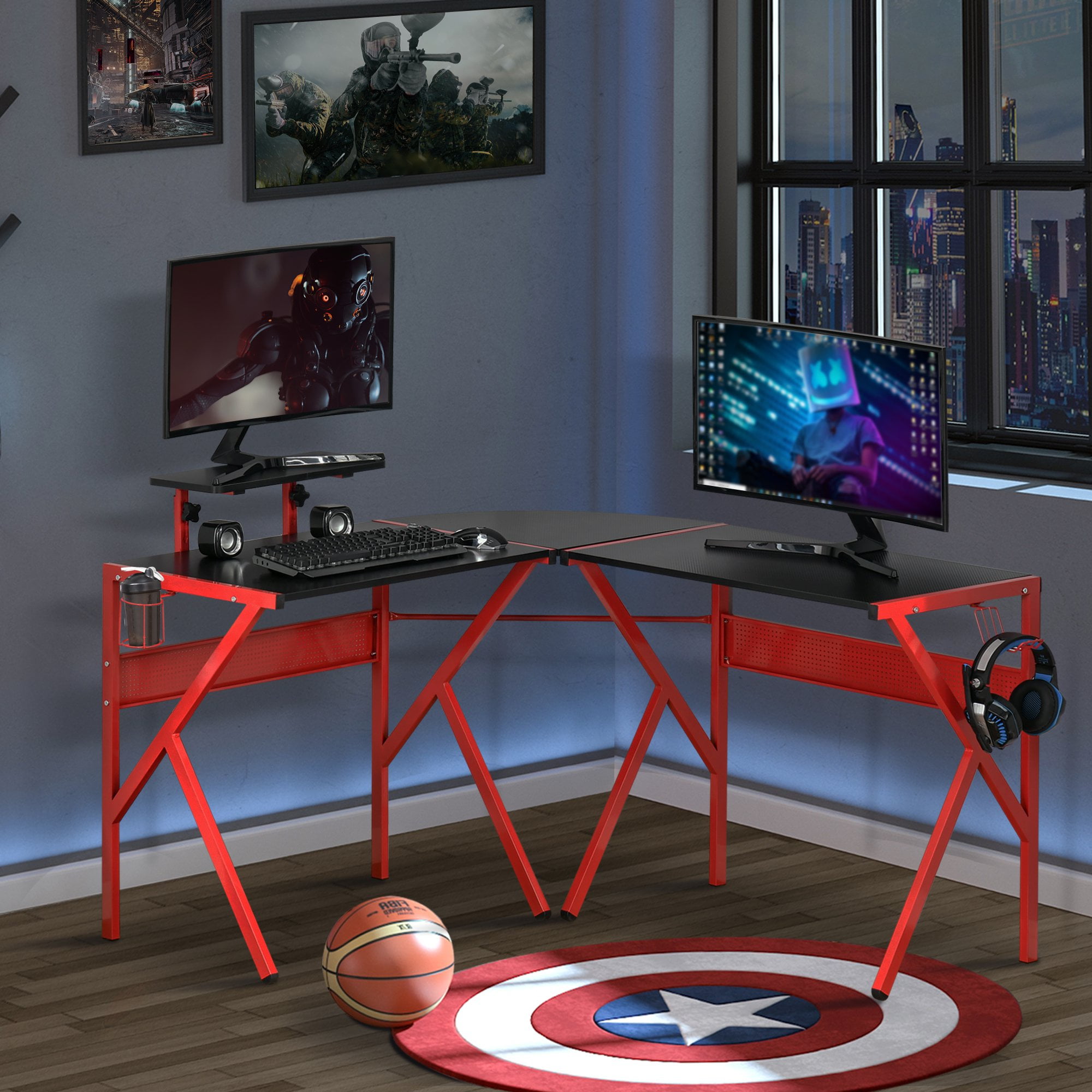 Details about   45.2'' Ergonomic Gaming Desk Shaped Computer Desk with Cup Holder 