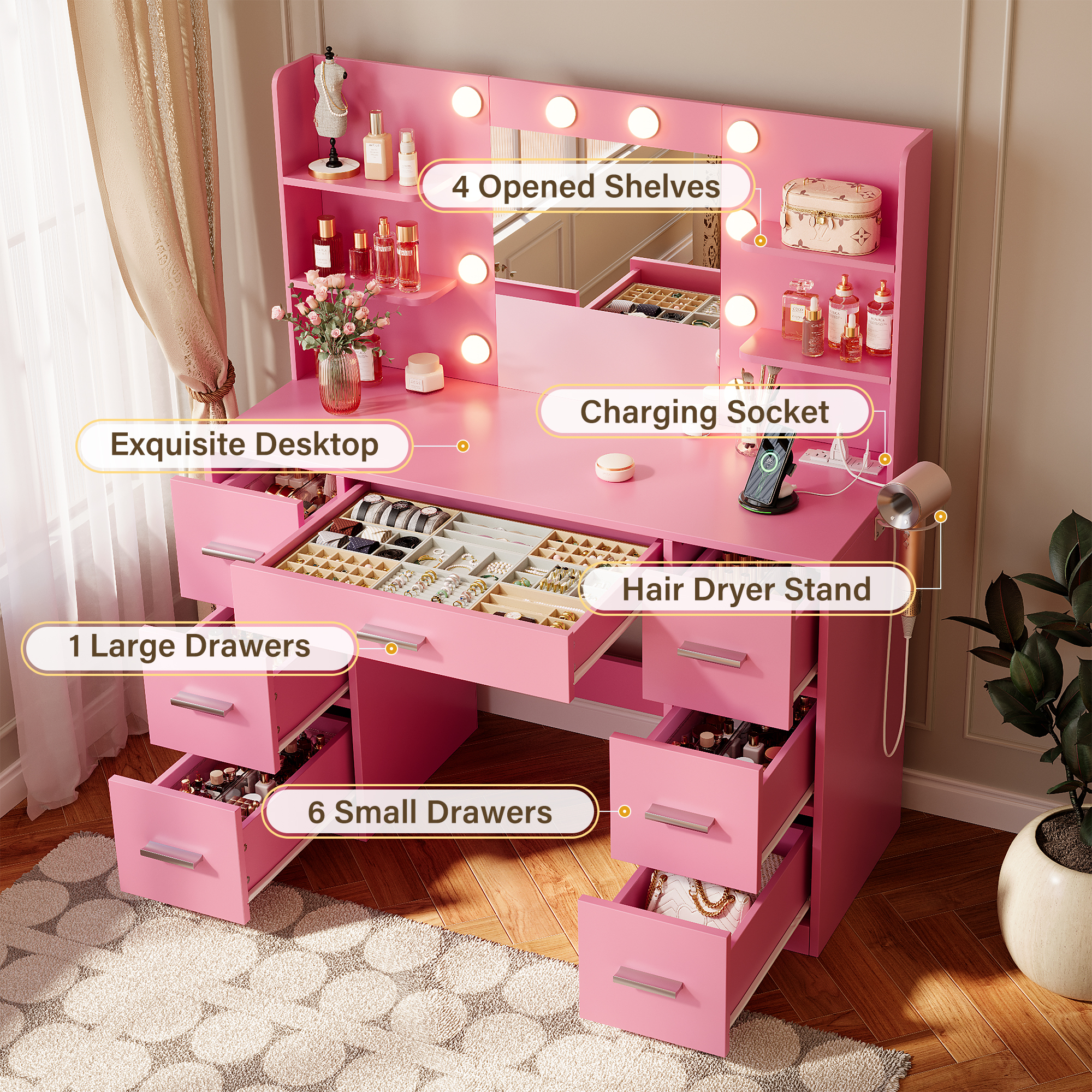 pink dressing table with lights UGTOO, Pink LED Vanity Desk, 58.3" with Adjustable Lights & Storage