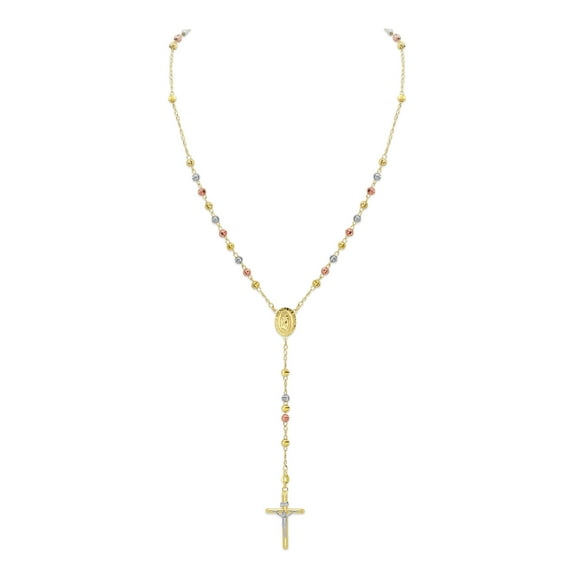 Wellingsale 14k Tri 3 Color Gold Polished 4mm Beaded Rosary Necklace - 26"
