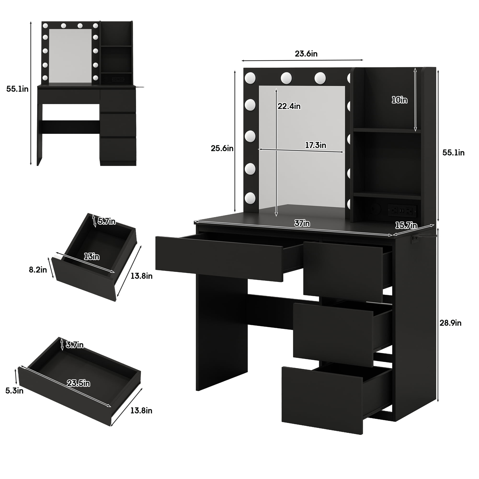 VEANERWOOD Makeup Vanity with Lights, Bedroom Vanity Table with Power Strip, Modern Dressing Table, 4 Drawers, 37in, Black