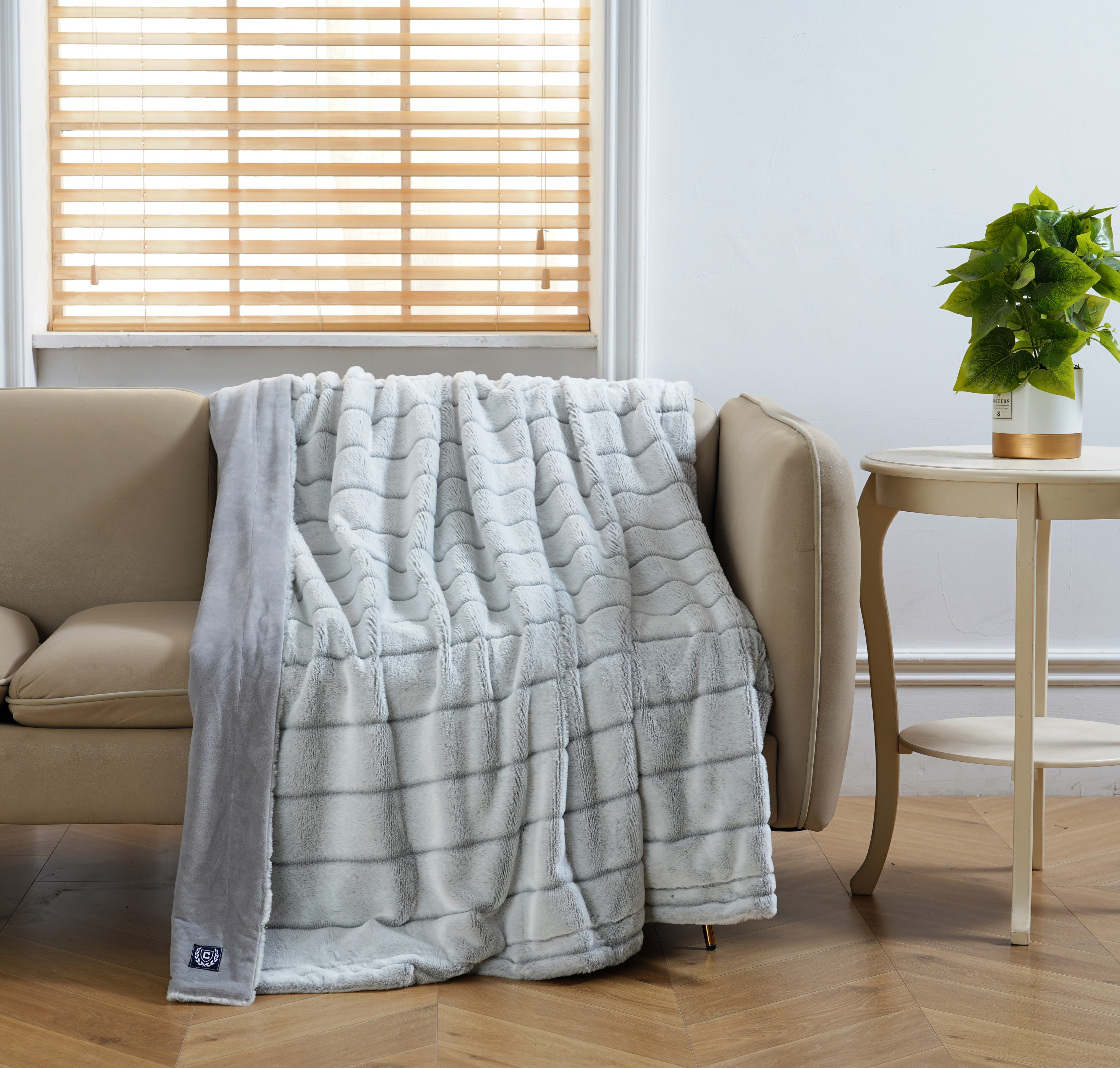 Chaps Faux Fur Plush Soft Ribbed Throw - 50" X 70", Grey