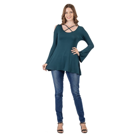 24seven Comfort Apparel Womens Criss Cross Cold Shoulder Long Sleeve Top-R0062011-HUNT-M