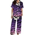 thumbnail image 5 of Feancey Halloween Pajamas Sets Women Button Down Shirt and Elatic Waist Pants Lounge 2 Piece Set Holiday Vintage Two Piece Sleepwear with Pockets Purple L, 5 of 6