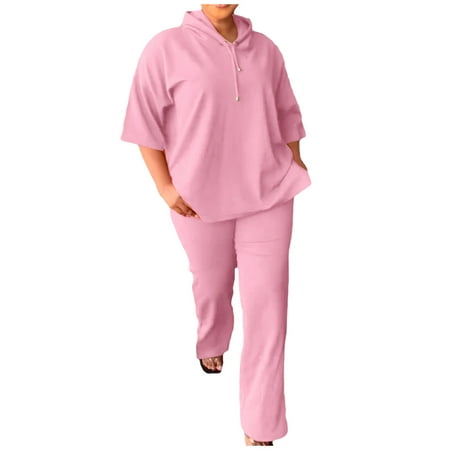 Elainilye Fashion Women s Jogger Sets Round Neck Long Sleeve Sweatshirt and Pants Two Piece Set Tracksuit Pink