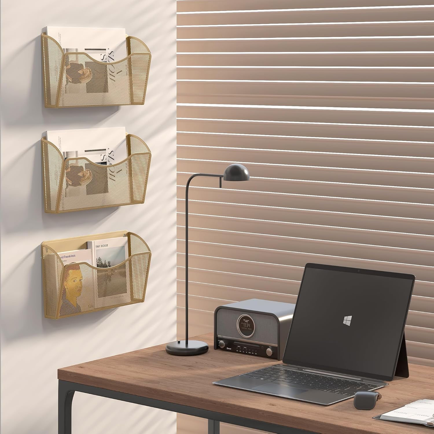 Wall File Organizer, Metal Mesh Hanging File Folder Holder for Letter/A4 Size Folders, Vertical Wall Mount Mail Sorter for Office Paperwork, Classroom, Gold