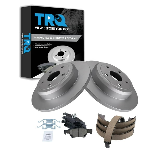 TRQ Rear Brake Pad & Rotor Kit Brake Pads Brake Rotor Parking Brake Shoe Set Ceramic Premium G-Coated Fits Select 2011-2019 Dodge Durango Jeep Grand Cherokee