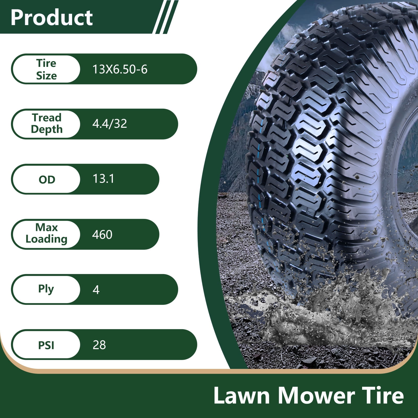 Hi-Run 2 Set SU05 13X6.50-6 4PR Lawn & Garden Tires and Wheel Assembly on 6X4.5 White Wheel with 3/4" Bushing