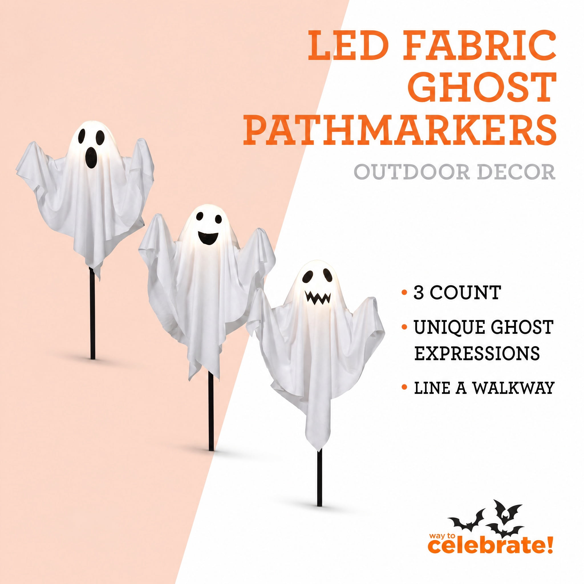 Outdoor LED Fabric Ghost Pathmarkers, White, 3 Count, Halloween by Way To Celebrate