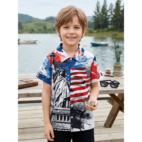 PureChapter Boys Shirts American Flag Print Boys Button Down Shirt For 4th of July Independence Day