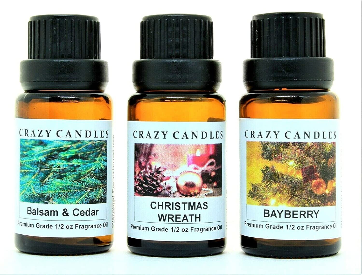 Crazy Candles 3 Bottles Set 1 Balsam & Cedar, 1 Christmas Wreath, 1 Bayberry 1/2 Fl Oz Each