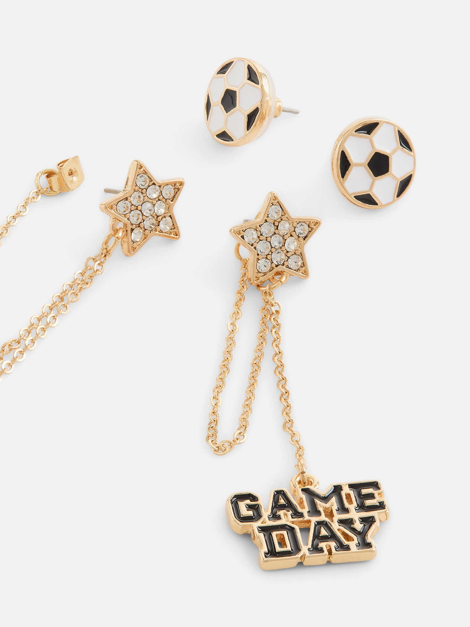 No Boundaries Women's Gold Tone Game Day Soccer Studs and Star Drop Earrings Set, 2 Pairs