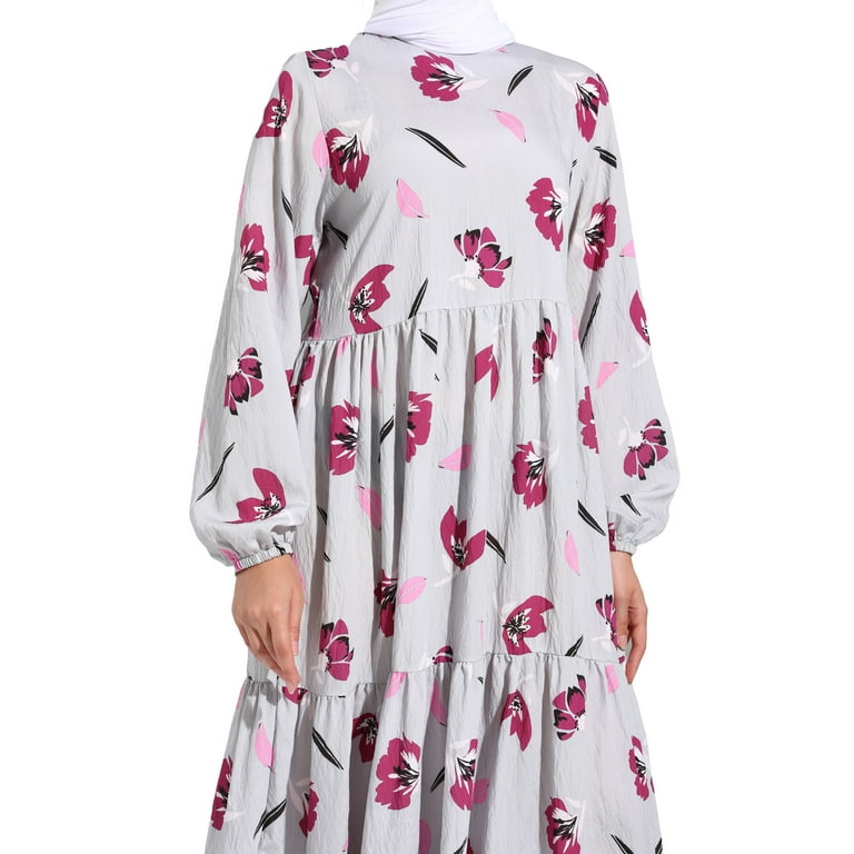 Grey - Floral - Crew neck - Unlined - Modest Dress - Refka 