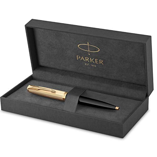 Parker 51 Ballpoint Pen | Deluxe Black Barrel with Gold Trim | Medium 18k Gold Point with Black Ink Refill | Gift Box