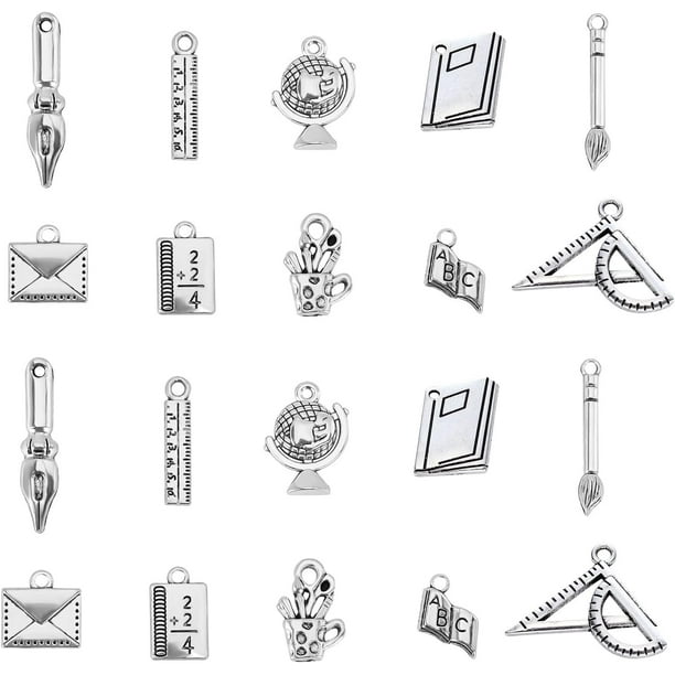 1 caja de 60 piezas de 10 estilos de amuletos para maestros de escuela, estilo tibetano, aleación, libro, regla, pincel, bolígrafo, brújula, globo terráqueo, amuletos para la vuelta al cole.