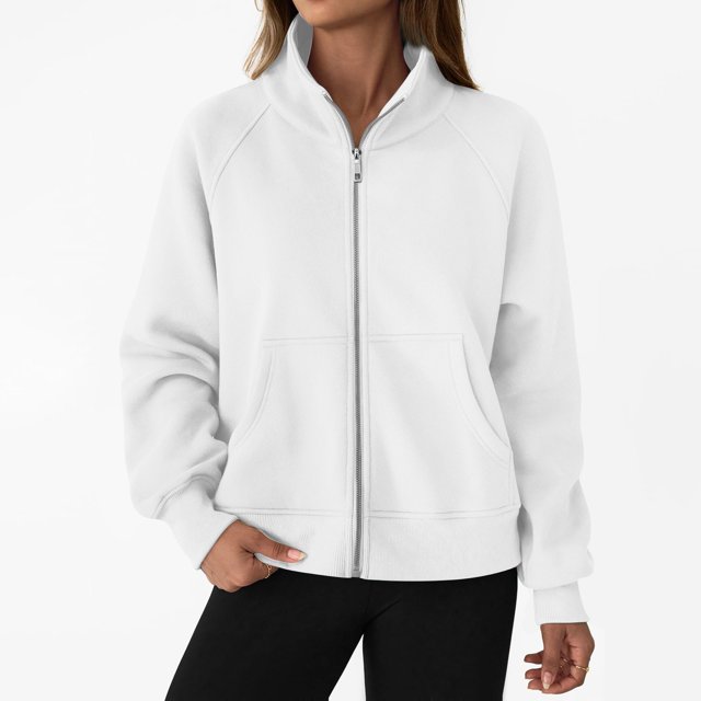 CHCNHAC Chandails en Molleton à Capuche Zippés pour Femmes Surdimensionnés Col Rond Veste Décontractée Poches Doubles Tenues de Mode Automne Blanc m