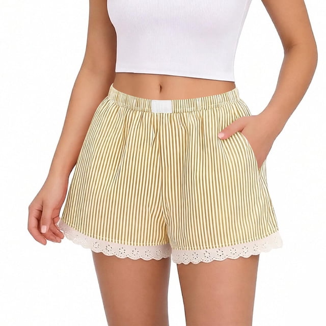 TaTaai Women's Spring Summer Cute Striped Lace Splice Elastic Waist Short Pants Comfortable Soft Home Sleep Lounge Shorts with Pockets Casual Daily Wear Gift