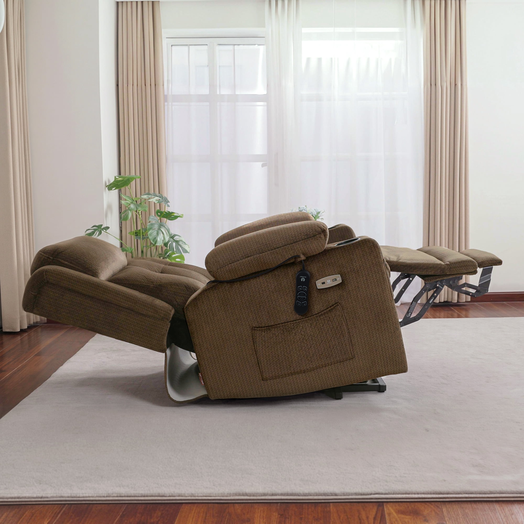 MCombo Lay Flat Triple Motor Power Lift Recliner Chair for Elderly, Adjustable Headrest, Fabric(Brown)