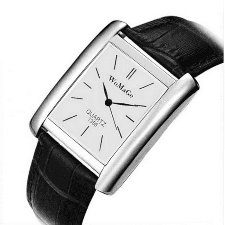 High Quality Rectangle Shape White Face Silvertone Case Leather Band Watch,W-115-WS