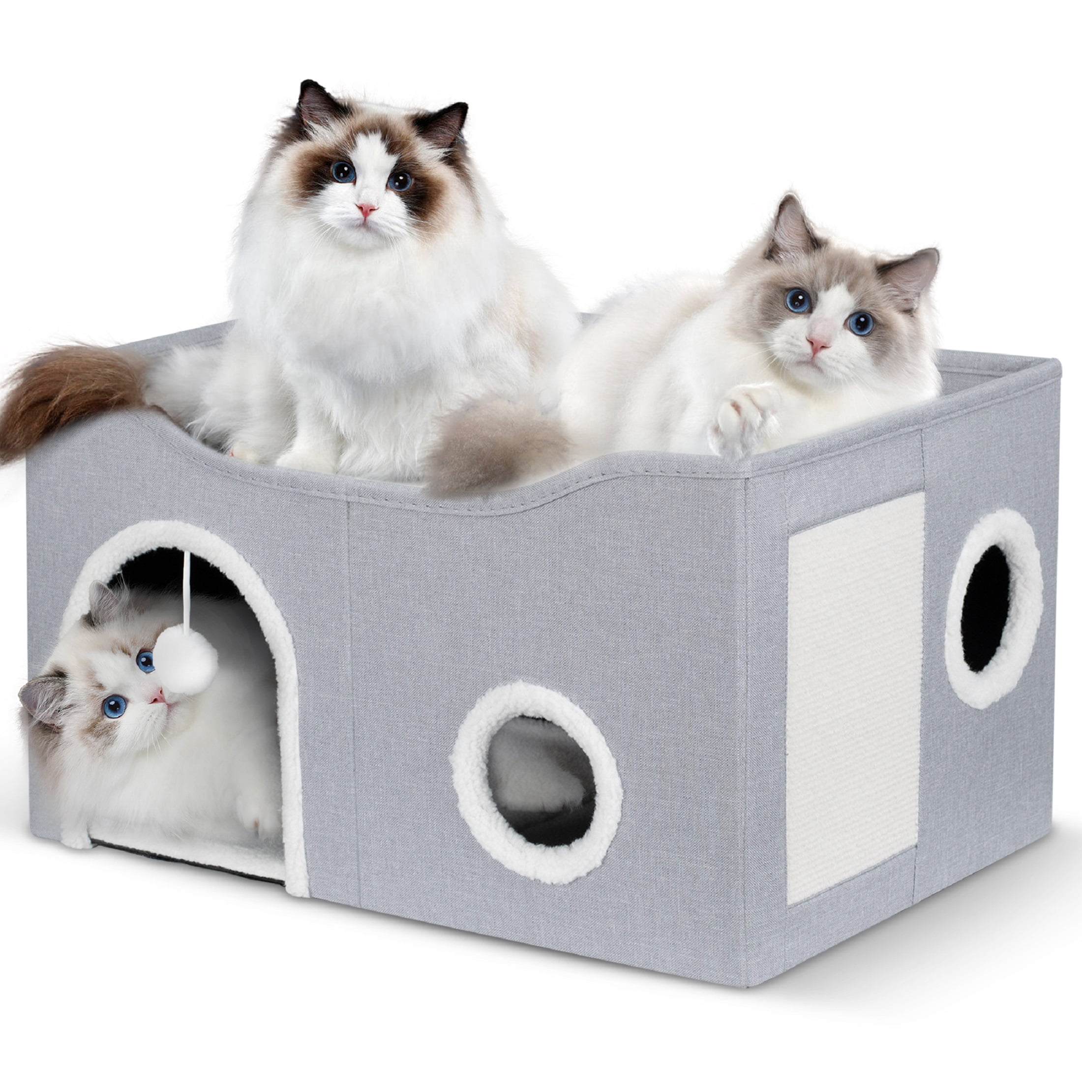 Cat House for Indoor Cats - Large Cat Bed Cave with Fluffy Ball and Scratch Pad, Foldable Cat Houses & Condos, Cat Cubes, Cat Hideaway, Covered Cat Bed for Multi Small Pet Large Kitty
