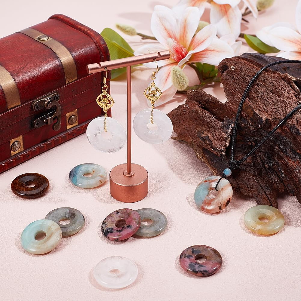 12Pcs 12 Styles Natural Donut Gemstone Charms 29mm Natural Jade Donut Beads Assorted Colors Round Gemstone Pendant for DIY handcrafting