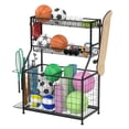 thumbnail image 3 of Lorelo Sports Equipment Organizer, Garage Ball Storage Rack with Basket, Hooks, Toy Storage Rolling Cart with Wheels for Toys Sports Gear Storage, 3 of 7