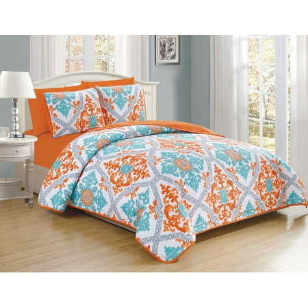 Kidsline 6 Piece - 6 Piece Scroll Aqua/Orange/White Reversible Bedspread/Quilt Set