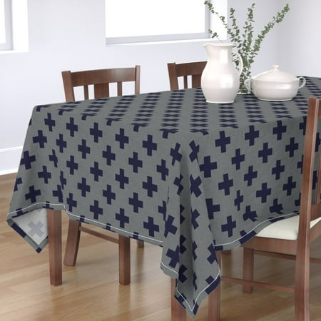 

Cotton Sateen Tablecloth 70 x 120 - Plus Navy Gray Modern Swiss Cross Geometric Sign Nursery Print Custom Table Linens by Spoonflower