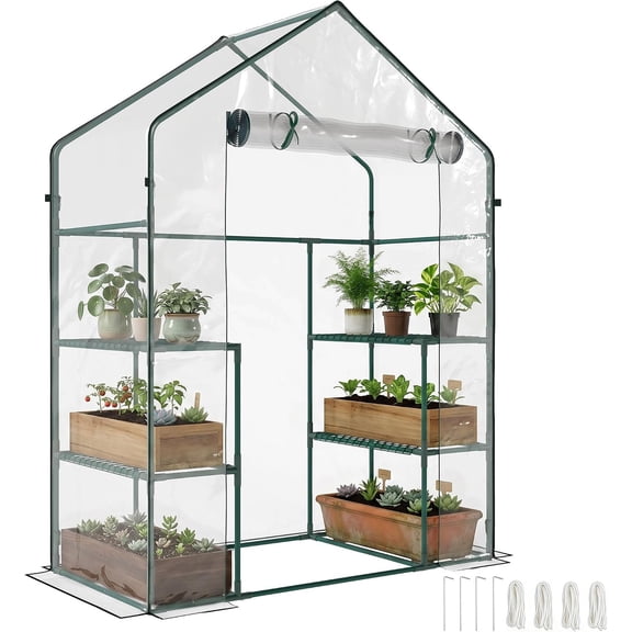 NeoNiches 5' x 2.5' x 6.5' Mini Walk-in Greenhouse 3 Tier Shelves PVC Clear | Green House Kit, Portable, Roll-Up Door, Weatherized Cover, Backyard Garden