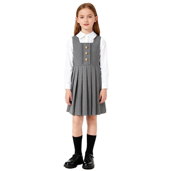 LEWKW Big Girls Pinafore School Uniform Dress Sleeveless Square Neck Pleated Hem Jumper Dress with Gold Buttons Preppy Back To School Wear