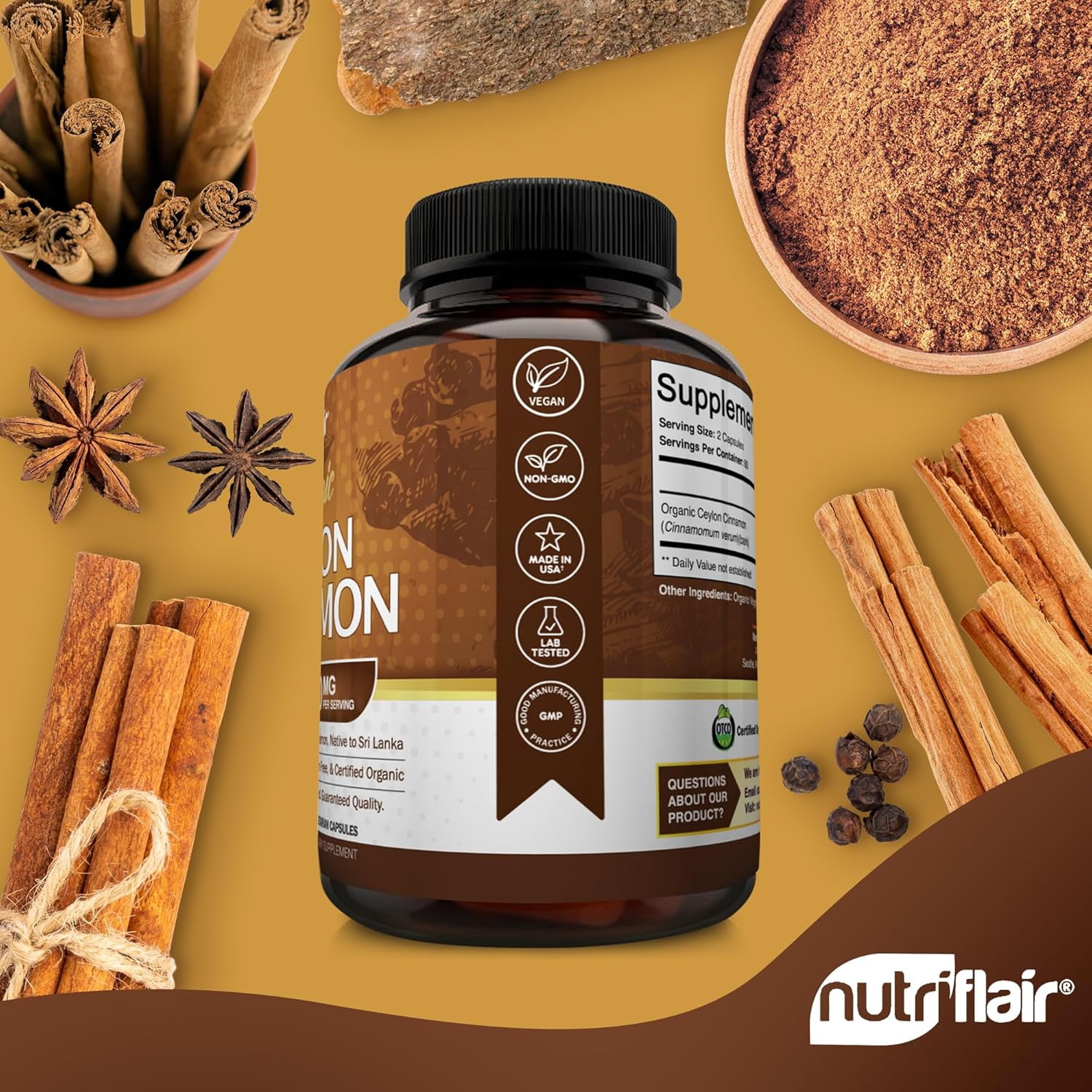 NutriFlair Organic Ceylon Cinnamon 1200mg per Serving Dietary Supplement, 120 Capsules