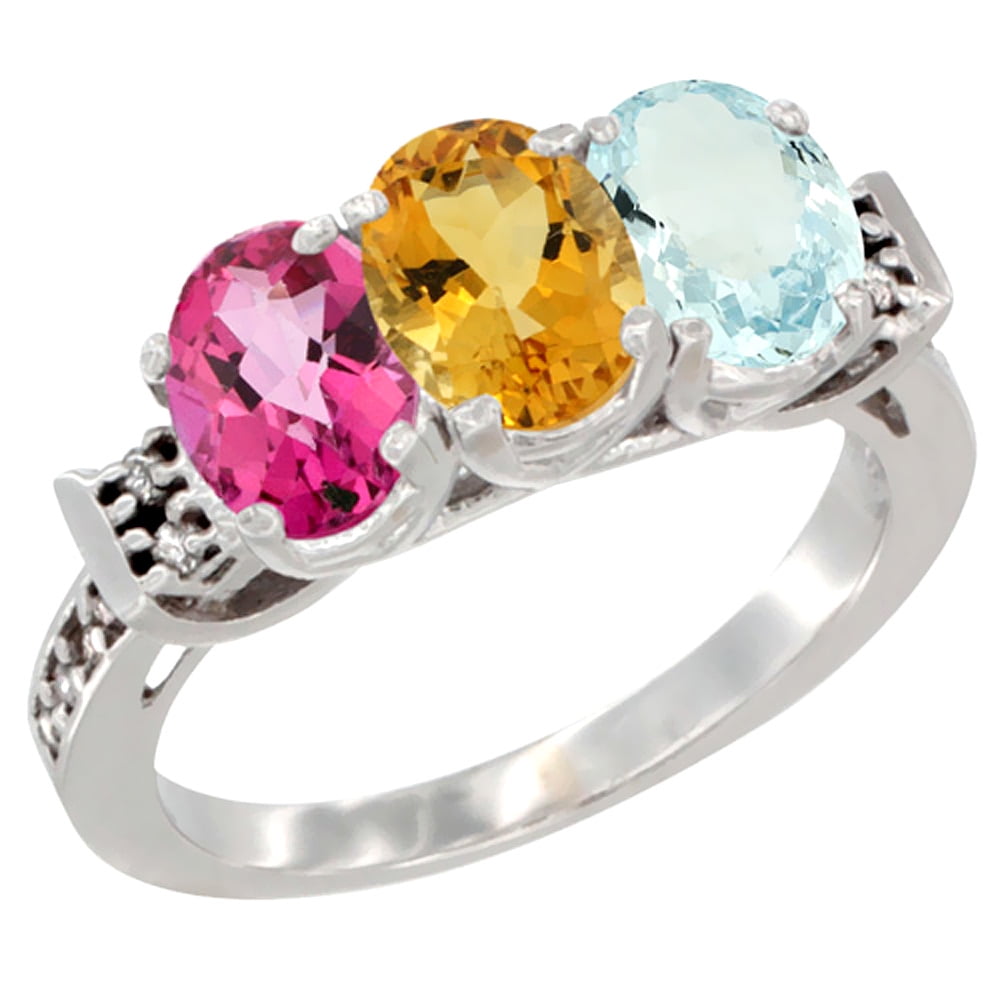 14K White Gold Natural Pink Topaz, Citrine & Aquamarine Ring 3-Stone 7x5 mm Oval Diamond Accent, sizes 5 10 by WorldJewels