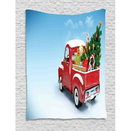 Christmas Tapestry Red Classical Pickup Truck With Tree