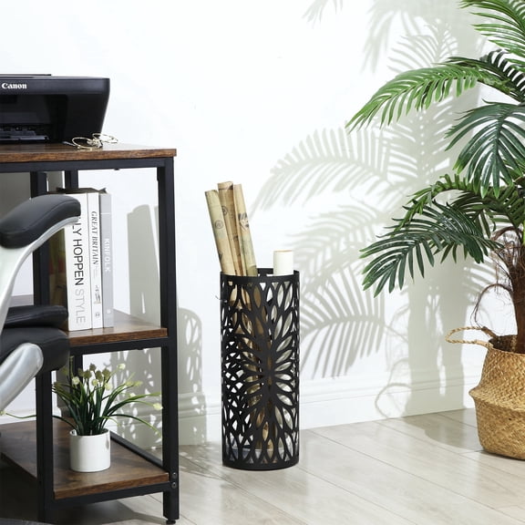 SONGMICS Steel Umbrella Stand with Drip Tray - Freestanding Holder for Canes & Walking Sticks, 4 Hooks, Rust-Resistant, Matte Black