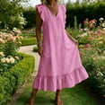 thumbnail image 5 of ClodeEU Women's V Neck Ruffle Cap Sleeve Tiered Midi Dress,Casual Flowy A-Line Swing Sundress Pink,Women's Plus M, 5 of 6