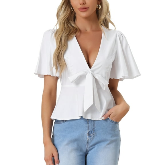 INSPIRE CHIC Women's Peplum Blouse Top Ruffle Sleeve Bow Tie Decor Deep V Neck Tops XS White