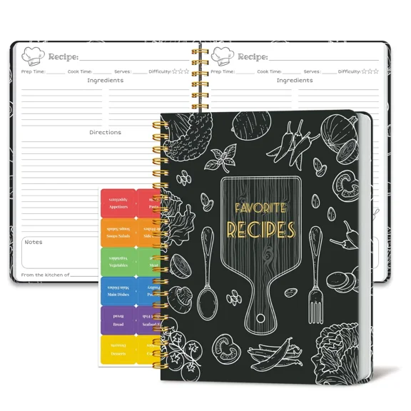 Blank Recipe Book to Write in Your Own Recipes, Spiral Bound Journal 8.5x11, 140 Pages Hardcover Cookbook with Stickers, Black
