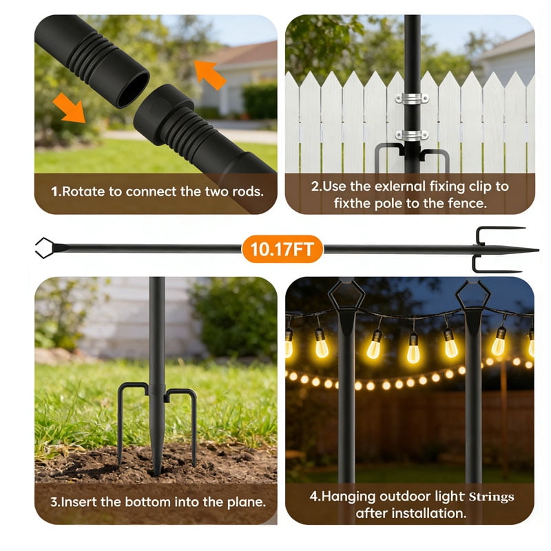 4 Packs String Light Poles ,10Ft Light Poles for Outside Lights,Outdoor with Fence Brackets Hanging Lights,Metal Stand Deck Patio Backyard(10FT 2Pack Black)