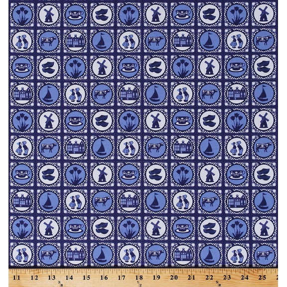 Cotton Dutch Tile Holland Scenes Windmills Tulips Wooden Shoes Netherlands Delft Blue Digital Cotton Fabric Print by the Yard (D573.43)